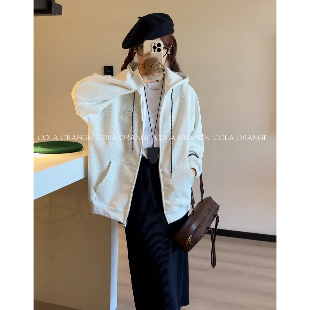 2024重磅加厚拉链外套 设计师款贴布绣宽松休闲连帽长款卫衣