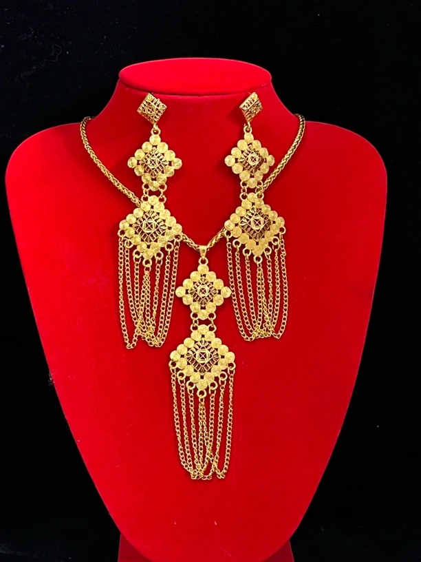 铜合金项链 富贵大气方块流苏项链耳环套装