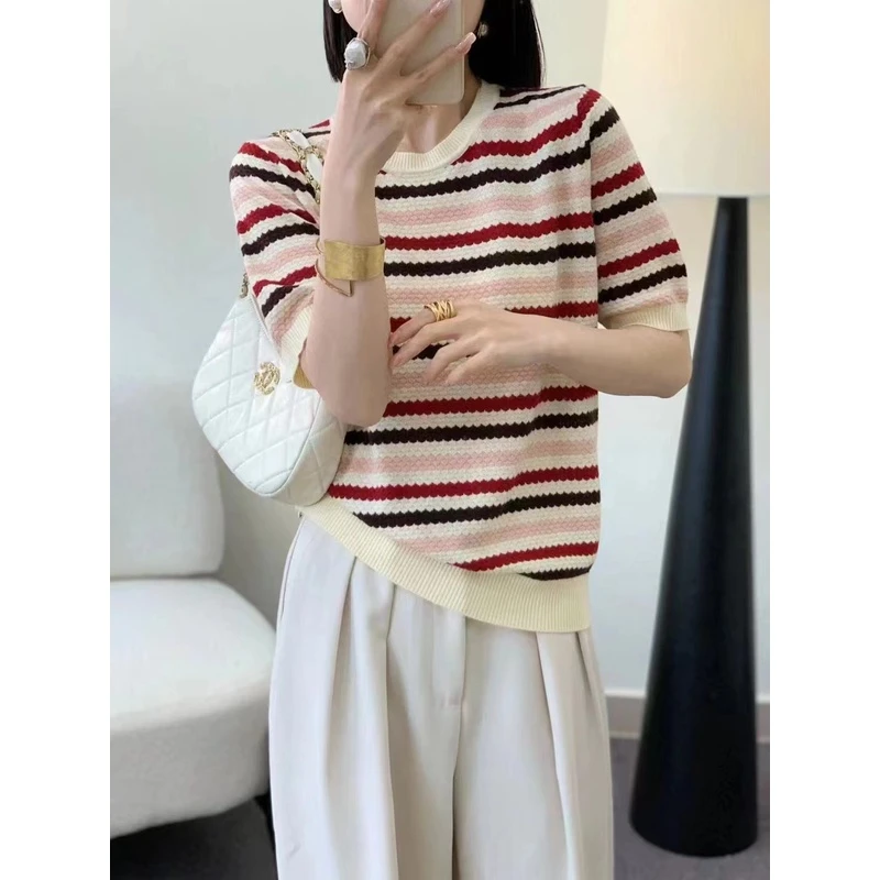 8277【高端彩色条纹短袖】新款法式提花秋冬时尚百搭减龄针织上衣