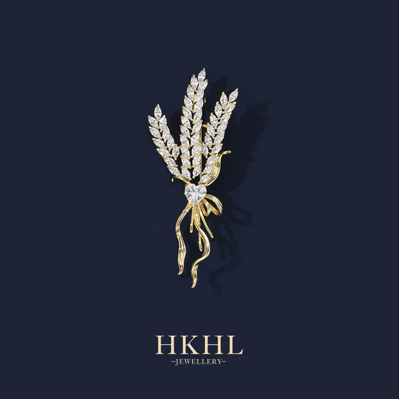 铜合成锆石胸针 HKHL 秋日麦穗满钻闪钻胸针女 气质高档轻奢秋