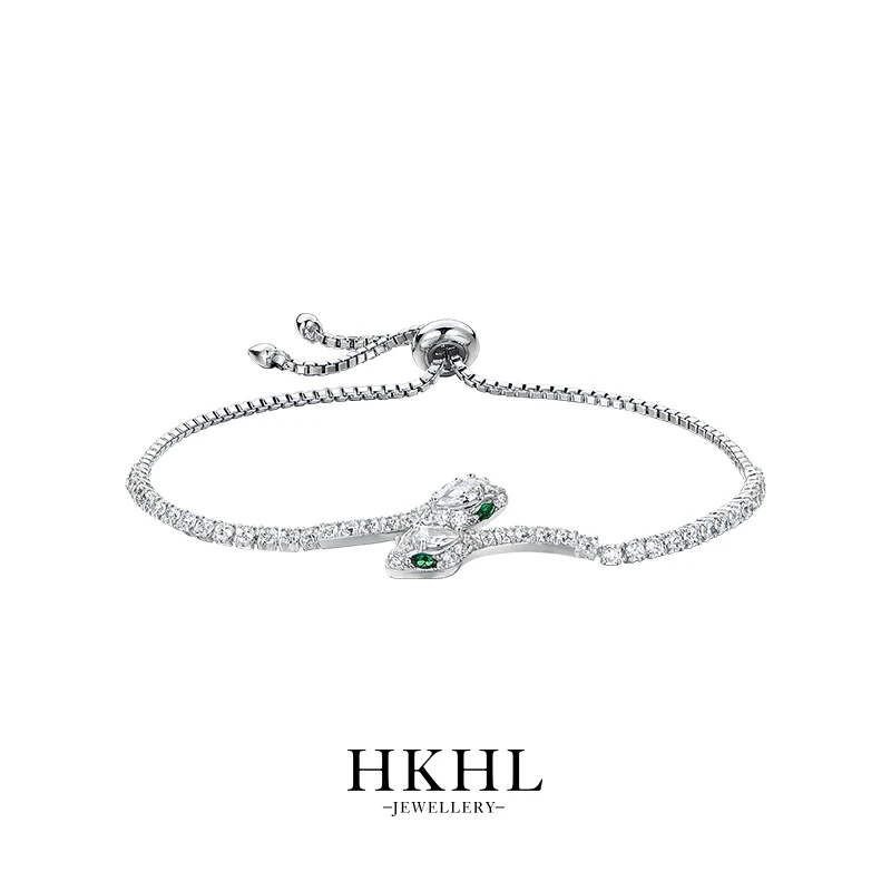 925银合成锆石手链 HKHL绿眼灵蛇手链女士满钻锁骨链礼物新款蛇年