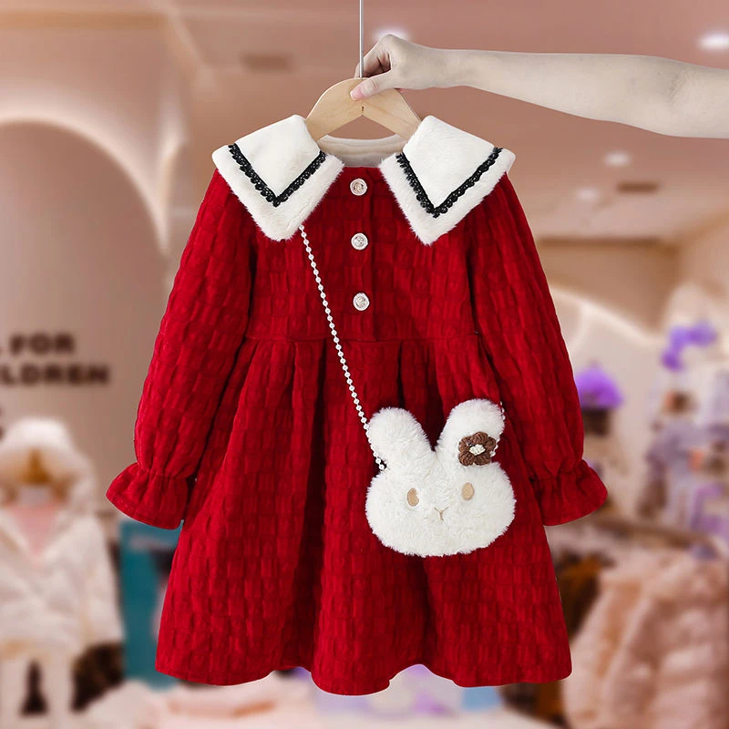 女童连衣裙秋冬2023新款儿童加绒拜年服裙子宝宝周年礼服新年裙