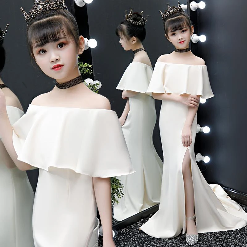 儿童晚礼服公主裙鱼尾女童主持人洋气一字肩小模特时尚走秀秋季