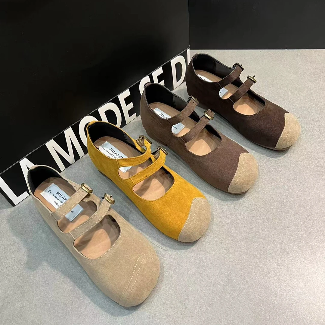 内增高4CM 2024年秋季新款气质轻奢双排一字真皮勃肯鞋包头女单鞋