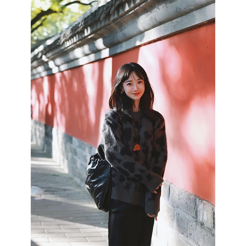 2024秋季新款慵懒风宽松复古豹纹软糯针织毛衣女配高腰显瘦半身裙