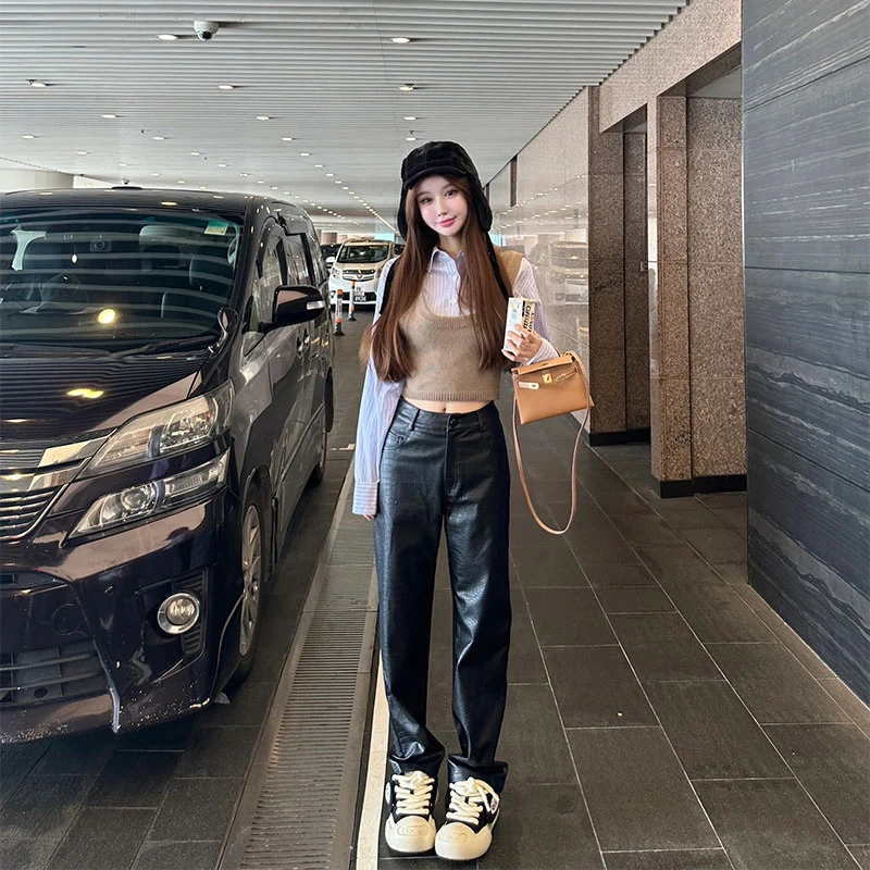 2024年秋冬新款ins港风针织马甲短款Polo条纹衬衣女配高腰皮裤女