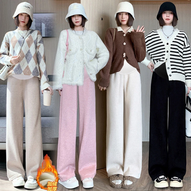 孕妇裤秋冬装羊绒子母条阔腿裤雪尼尔冬季垂感加绒拖地裤托腹长裤