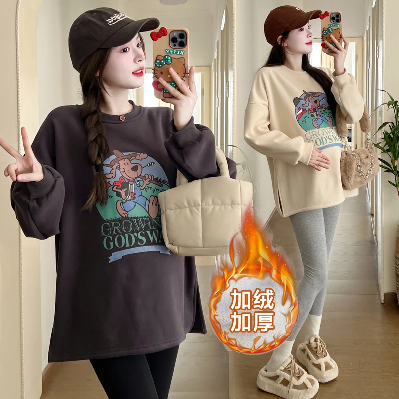 孕妇卫衣秋冬装加绒加厚宽松遮屁股慵懒风运动风卡通印花洋气上衣