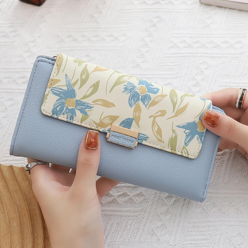 钱包女士2025新款时尚高级水墨画印花长款钱包卡包二盒一功能小包