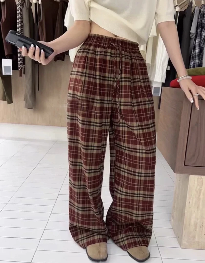 NO退NO换复古格子女秋季时尚垂感高腰宽松慵懒直筒拖地裤