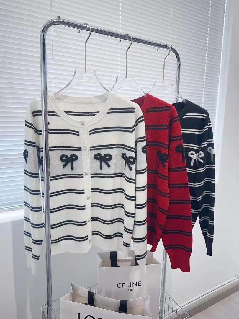 JL 【撞色条纹蝴蝶结开衫】2024秋冬新款气质圆领羊毛衫-A