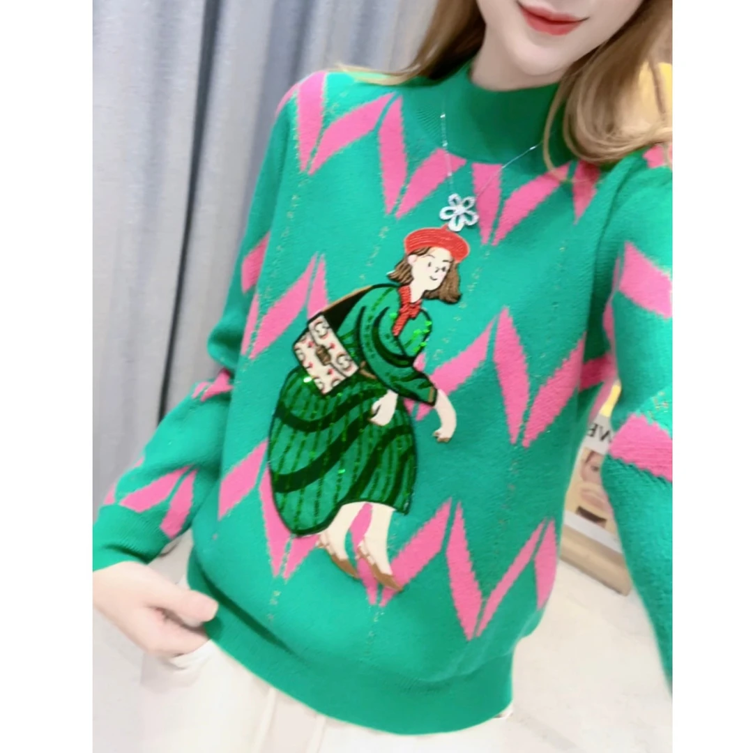 JL【复古菱形格女孩】2025新款圆领长袖针织衫时尚减龄羊毛上衣-Z