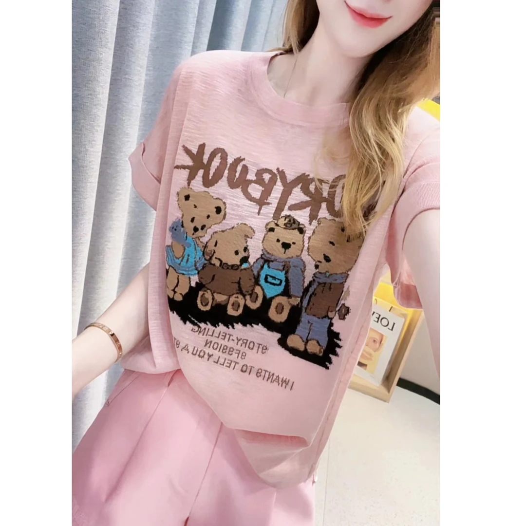 JL【4只小熊图案短袖】新款时尚设计感针织衫上衣-B