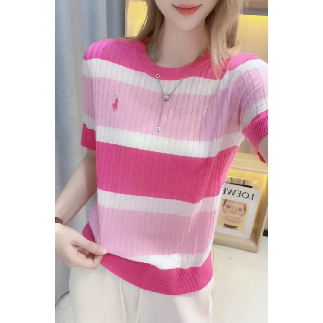 JL【条纹撞色刺绣马车】夏季新款圆领短袖天丝上衣-E