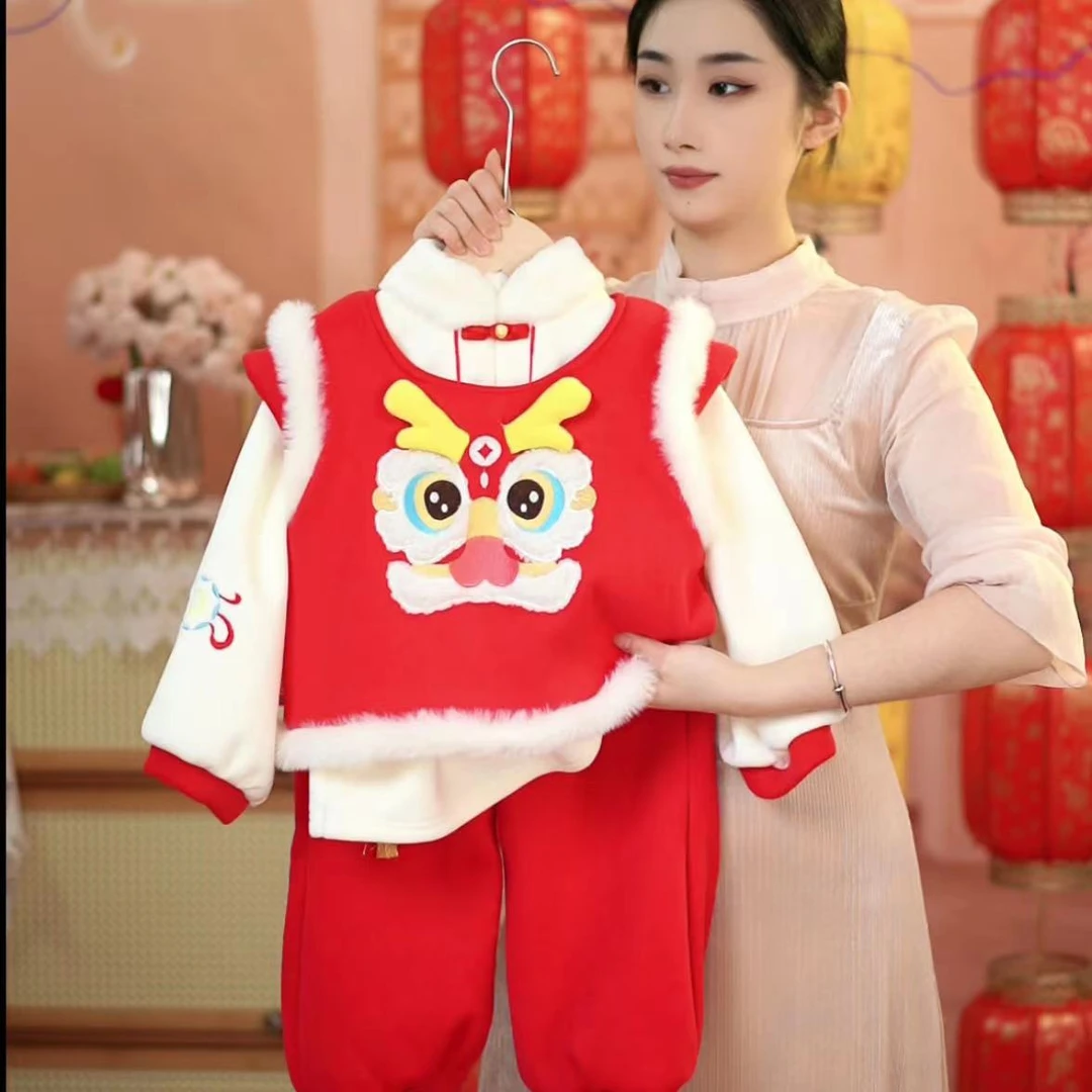 新年汉服儿童加绒加厚拜年服新款龙宝宝冬装三件套喜庆中国风Y-82
