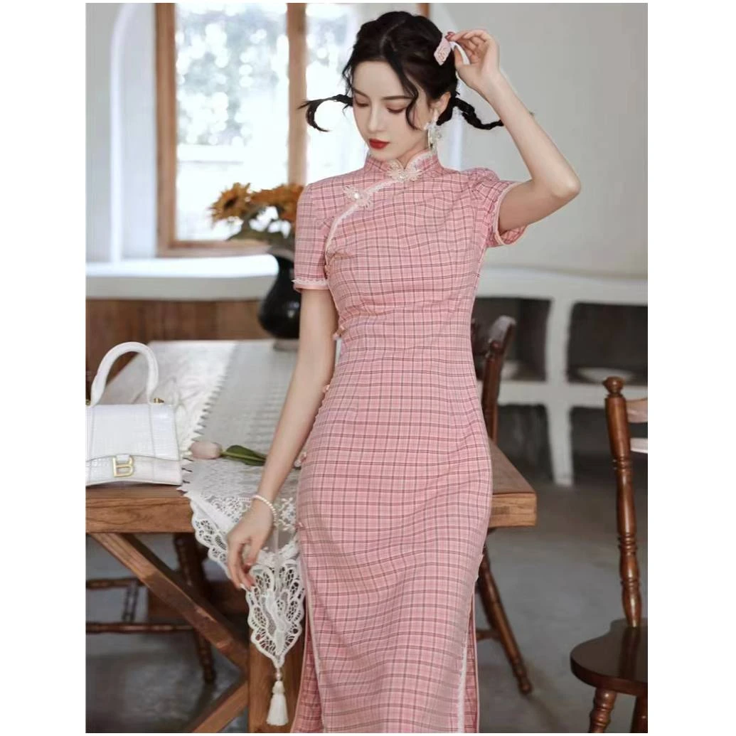 恬子梦 T032 夏季短袖侧八扣格子裙长105CM中式 旗袍