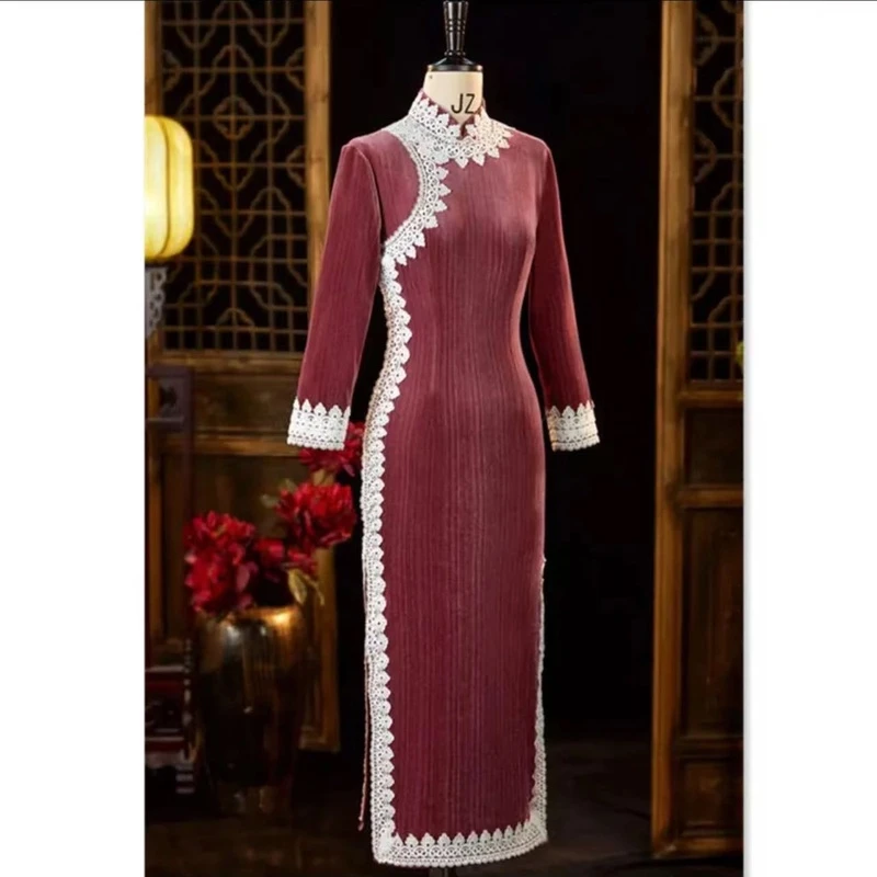 梦路 T490 冬季加绒 醉唐风 裙长120 长袖旗袍