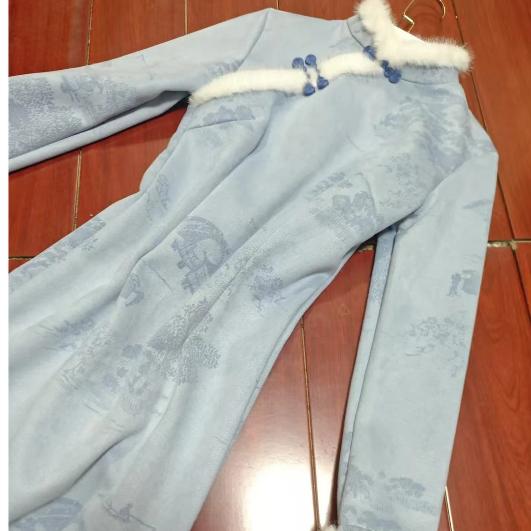 梦路 T561 冬季 海蓝天 裙长120 加绒加厚长袖旗袍