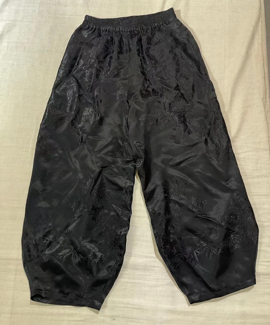 2025新款中国风复古休闲女裤松紧腰时尚黑色宽松