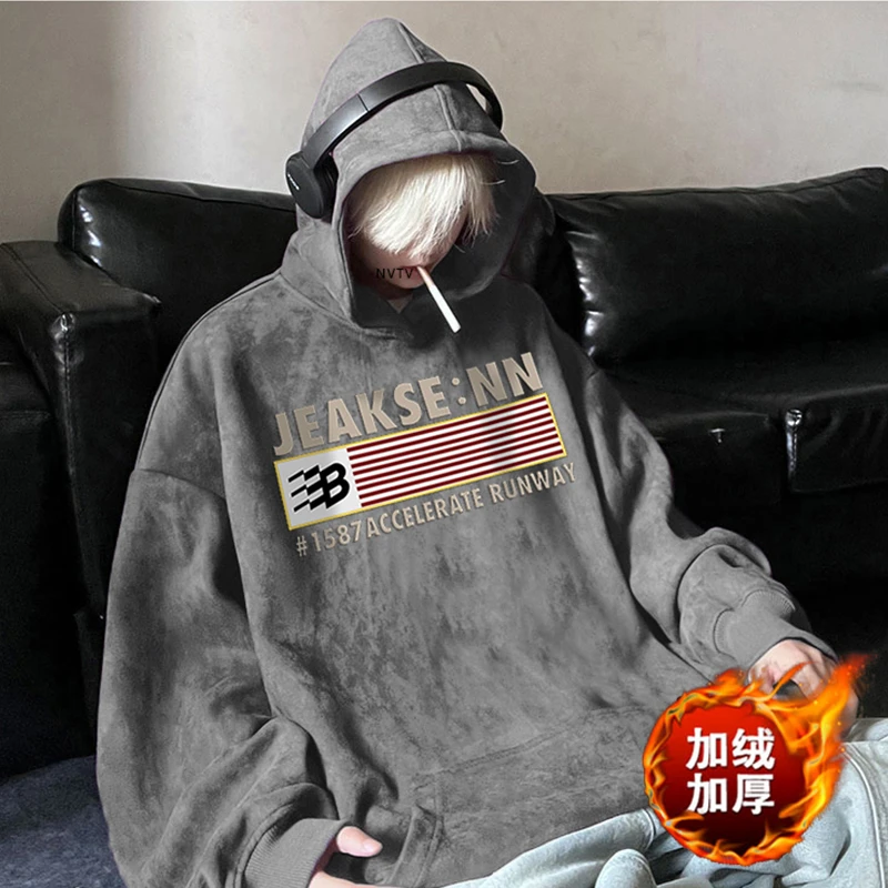 vintage麂皮500g重磅卫衣男连帽秋冬加绒加厚美式oversize西海岸