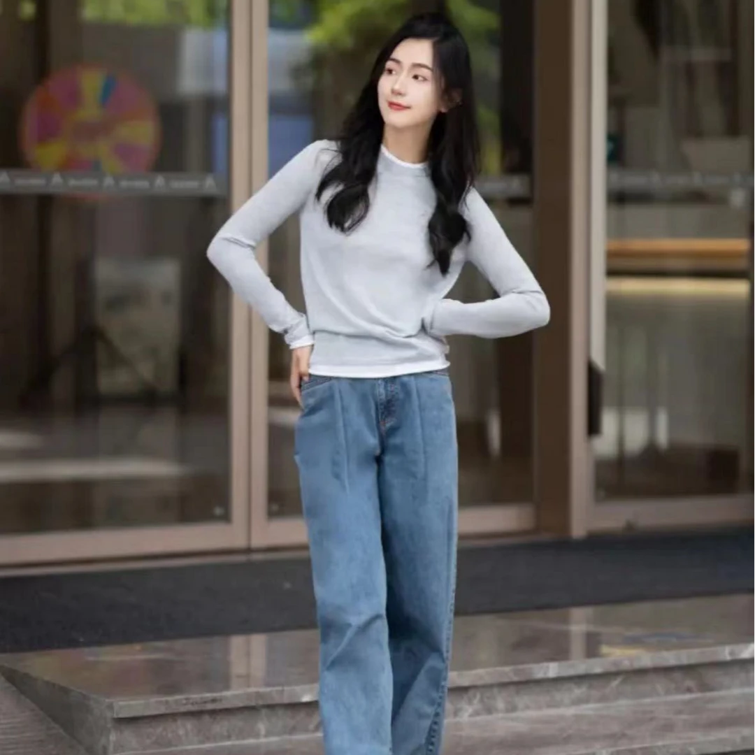 GIRDEAR/哥弟新款显瘦修身假两件撞色圆领百搭针织衫套头1399763