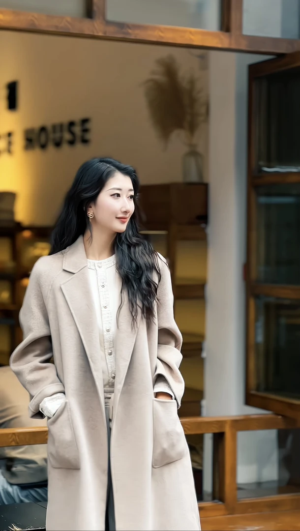 GIRDEAR/哥弟燕麦色老钱风羊绒轻奢长款气质设计师款大衣1400540