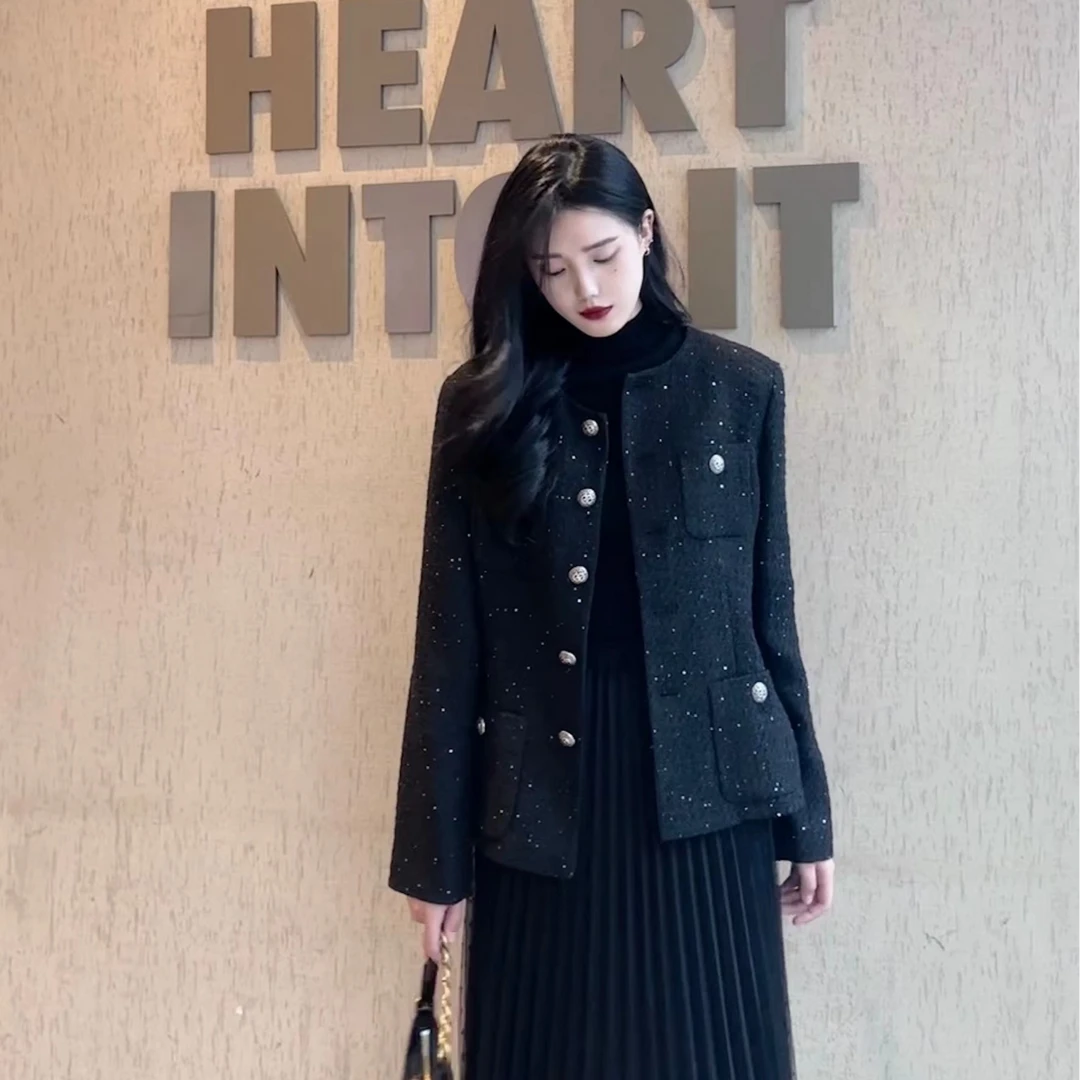 暗黑风粗花呢毛呢秋冬小香风高贵气质小香风外套1400722