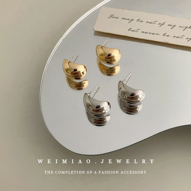 合金耳饰 AIER-银针C形豆豆耳环新款潮金属冷淡风耳钉简约