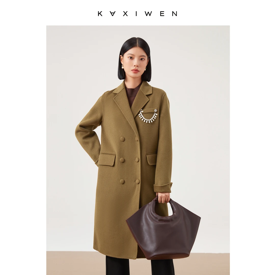 【反季爆款直降】X10ADE8665时尚V领100%绵羊毛中长款双排扣大衣