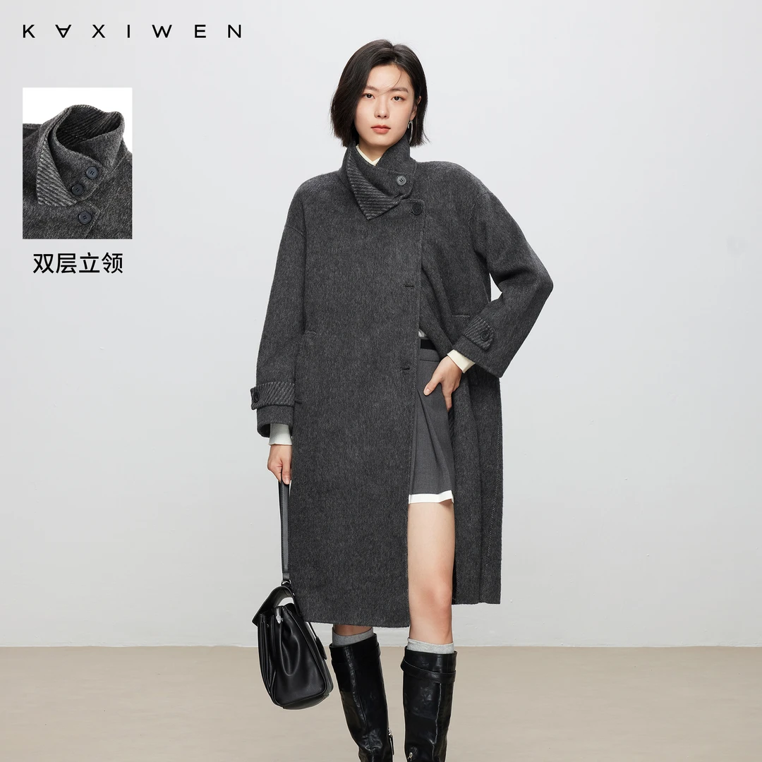 【爆款直降】轻奢毛呢外套格雷系立领双面呢大衣女D08CDN9614