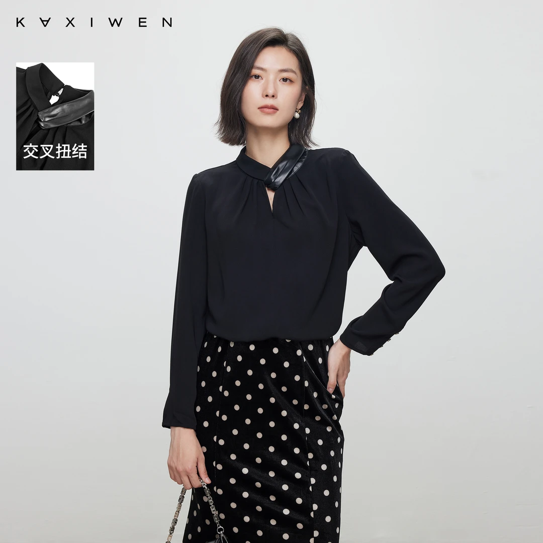 佧茜文经典拼接小衫秋冬新款高级设计感黑色扭结上衣X09AXS8063