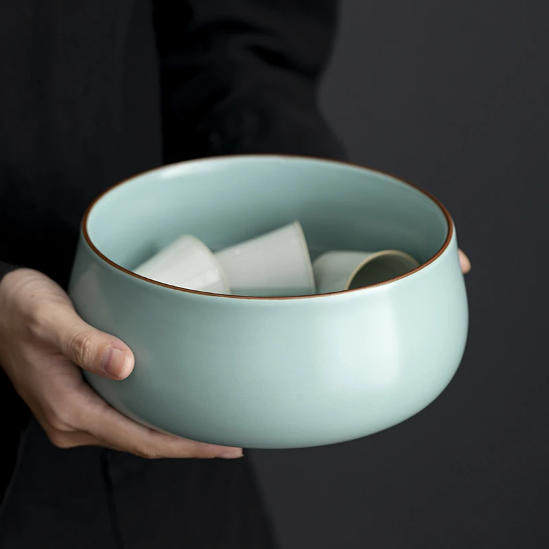 天青汝窑陶瓷洗缸大号家用笔洗功夫茶具茶道零配茶杯收纳水孟高档