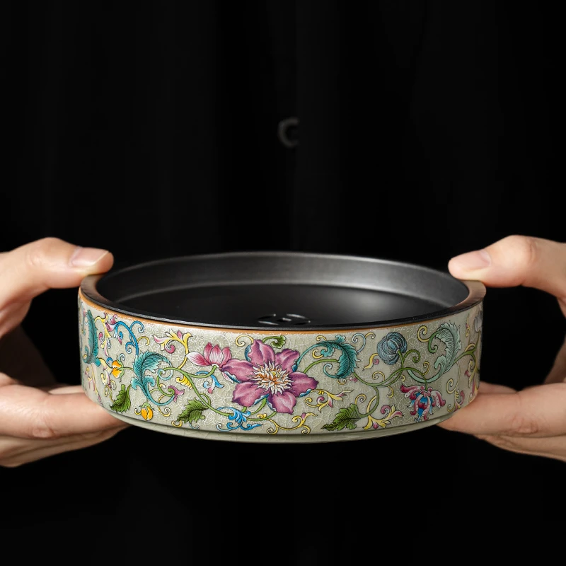 老陶泥凌霄花陶瓷壶承干泡台储水茶台茶洗养壶托盘功夫茶具配件