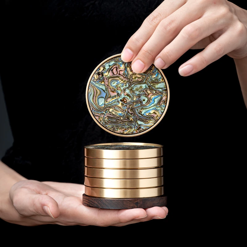 创意螺细镶铜杯垫大漆纹高档家用待客茶杯托办公茶桌高档茶具配件