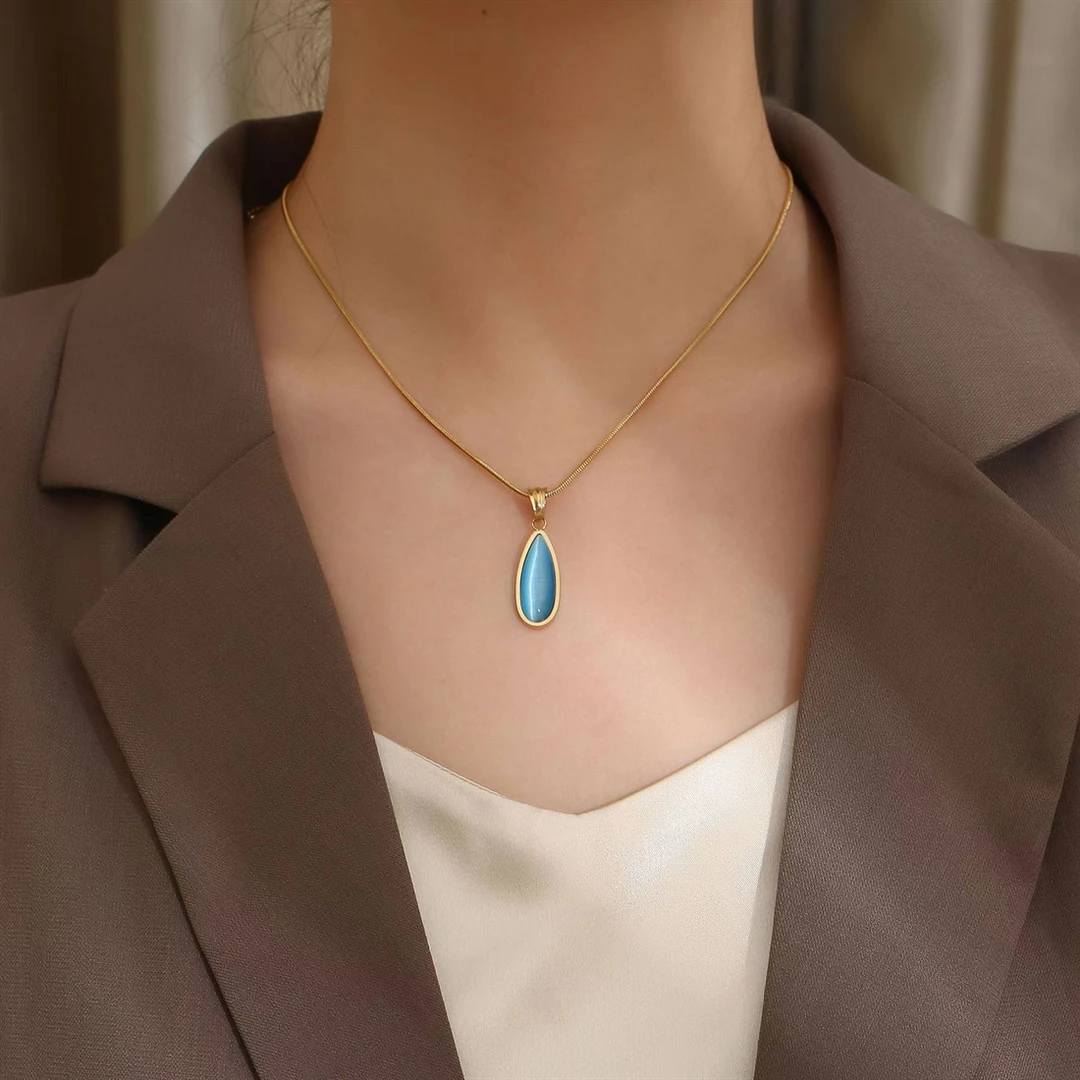 钛钢项链 复古蓝色海洋之心吊坠项链女个性小众钛钢锁骨链女士