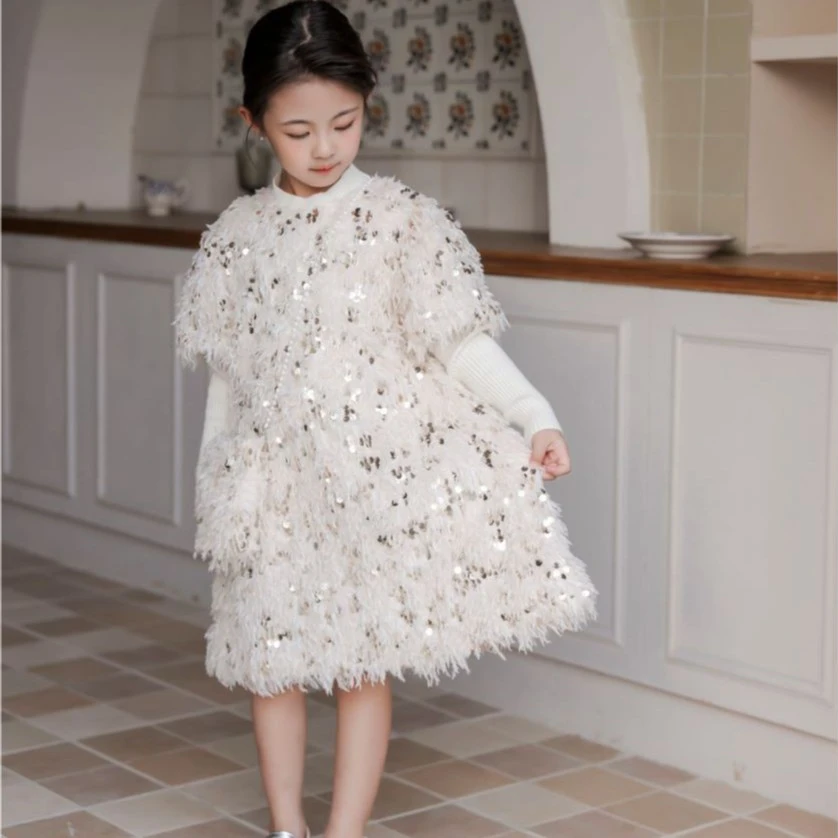 2023女童羽毛亮片连衣裙生日礼服加厚背心裙气质儿童圣诞节