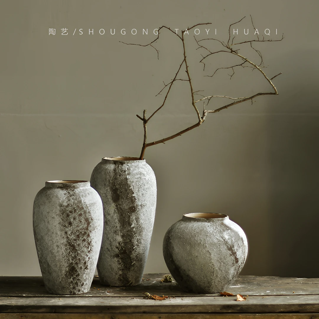 GIOIO斑驳陶瓷侘寂风花瓶摆件客厅插花复古粗陶陶罐干花水养花盆