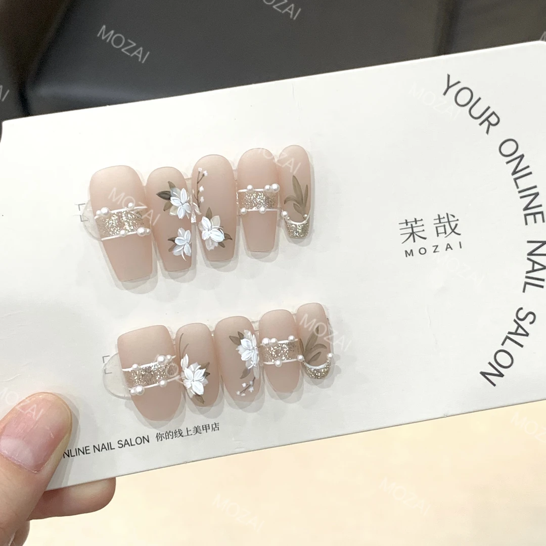 茉哉安妮【山舞白茶】纯手工定制美甲可拆卸穿戴甲A3177