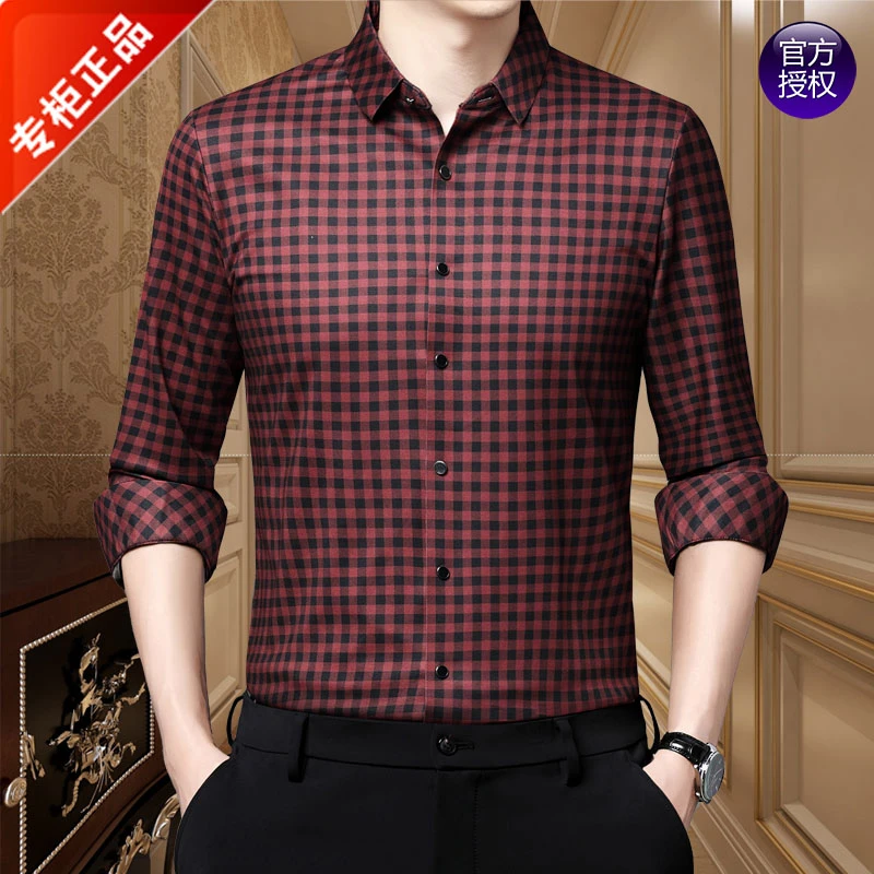 GANIBPORCH秋冬长袖衬衫男士中年羊毛宽松小格子保暖磨毛衬衣秋装