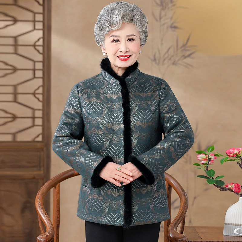中老年人冬加厚唐装外套女奶奶水貂毛立领气质妈妈装老人太太上衣