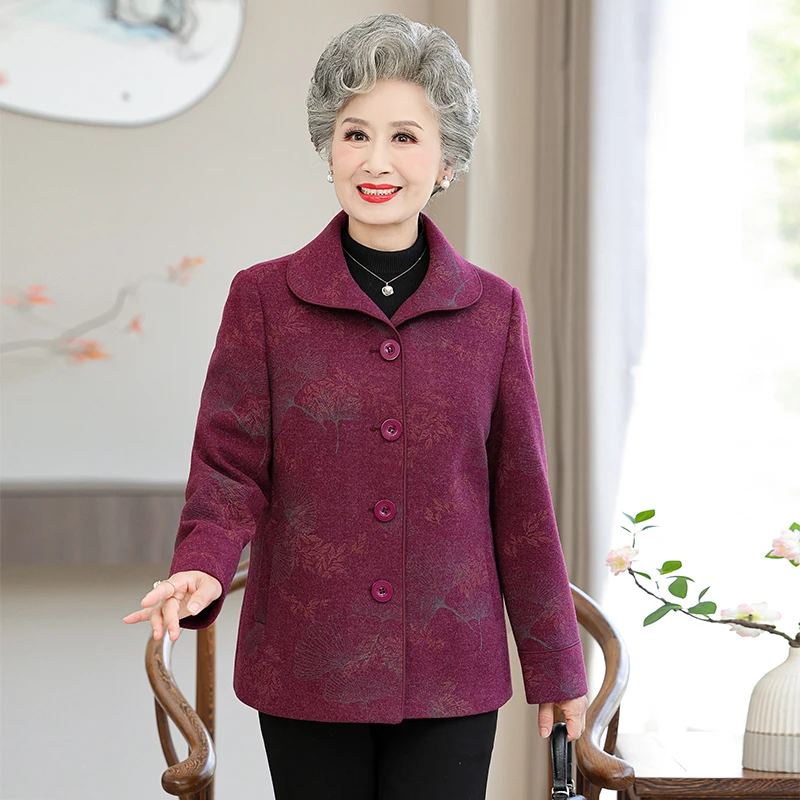 老年人奶奶装上衣6070岁中老年女装翻领休闲毛呢外套妈妈装春秋款