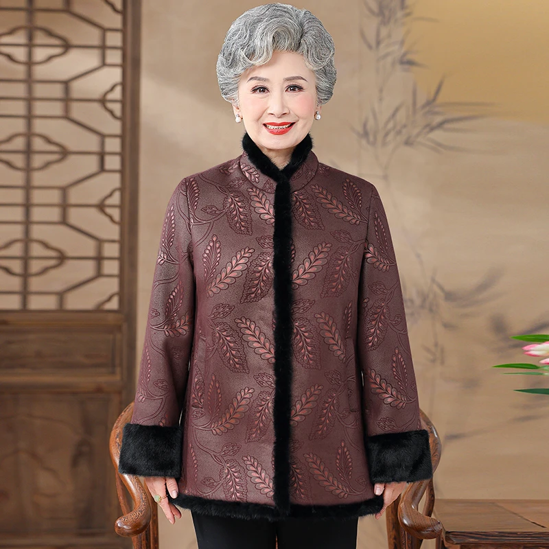 中老年人冬加厚唐装外套女奶奶水貂毛立领气质妈妈装老人太太上衣