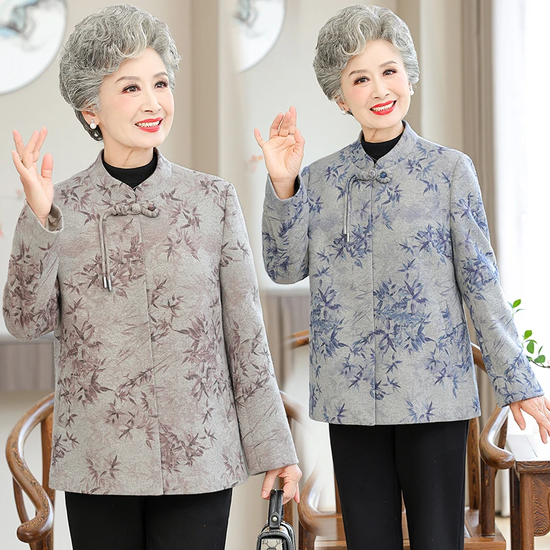 老年人奶奶装上衣6070岁中老年女装宽松休闲毛呢外套妈妈装春秋款