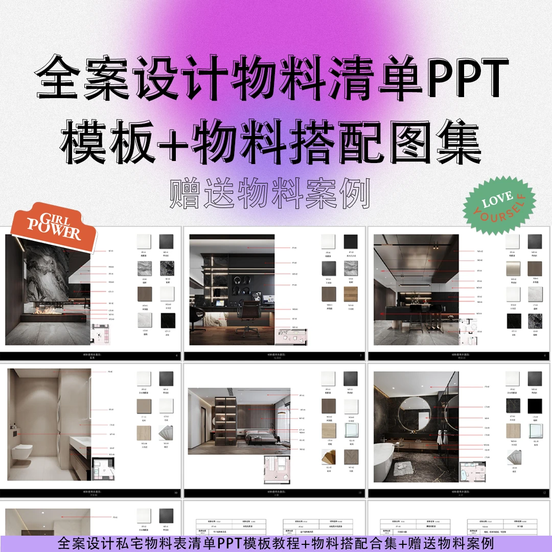 全案设计物料表清单PPT模板+物料搭配图集+物料案例排版使用教程
