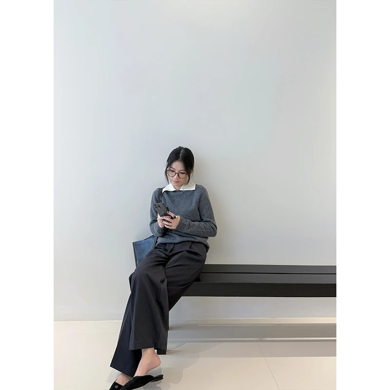 圆领无缝宽松长袖羊绒上衣