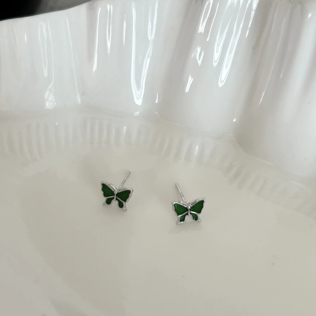 925银耳饰 小众韩ins时尚百搭气质简约 绿蝴蝶耳钉绿色