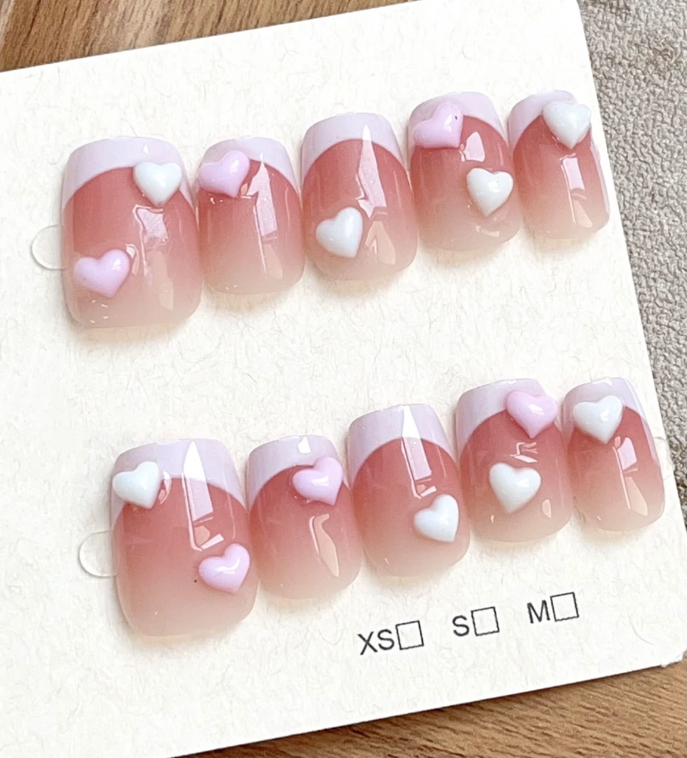 B38新款可爱甜酷辣妹粉色法式爱心手工穿戴美甲可拆卸