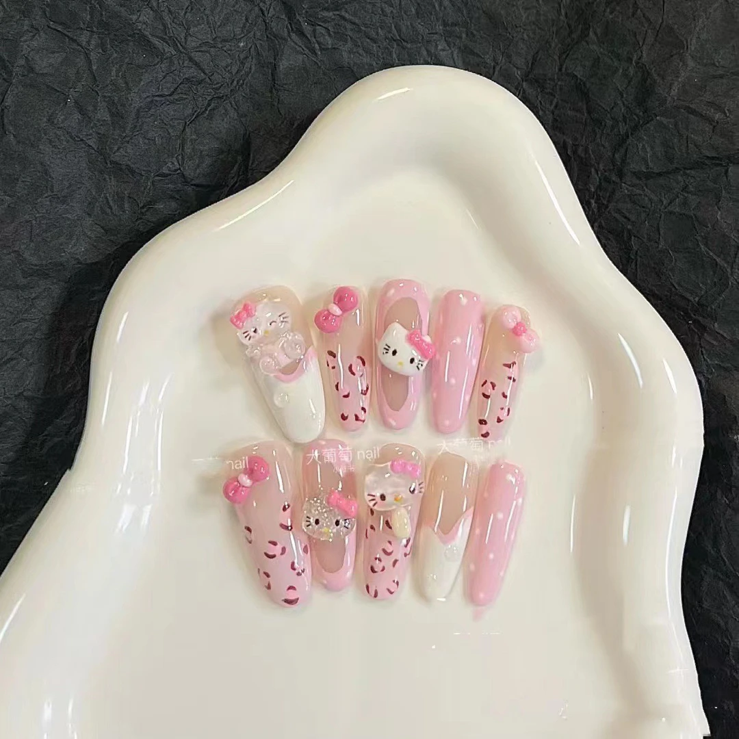 新款开学季卡通可爱甜酷辣妹粉色豹纹kitty手工穿戴美甲可拆