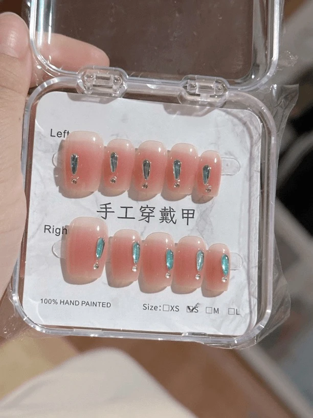 D36手工穿戴美甲孔雀绿幻彩显白冰透温柔风可拆卸指甲贴片