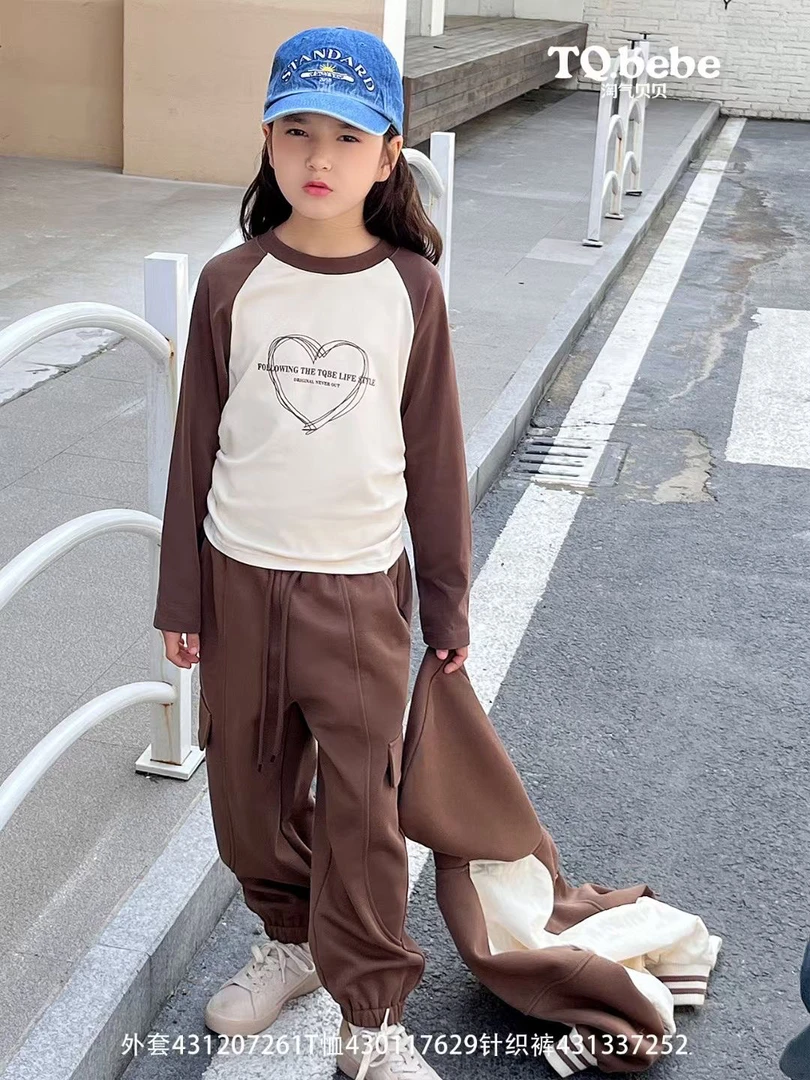 2024秋季新款女童长袖T恤韩版圆领休闲拼色